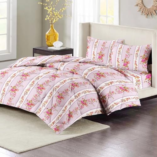 Image of HOMEKART 220 GSM Microfiber 4-Piece Comforter Bedding Set for Double Bed | King Size AC Comforter with Flat Bedsheet (90x100 Inch) & 2 Pillow Covers | Soft, Lightweight & All-Season | Pink Floral