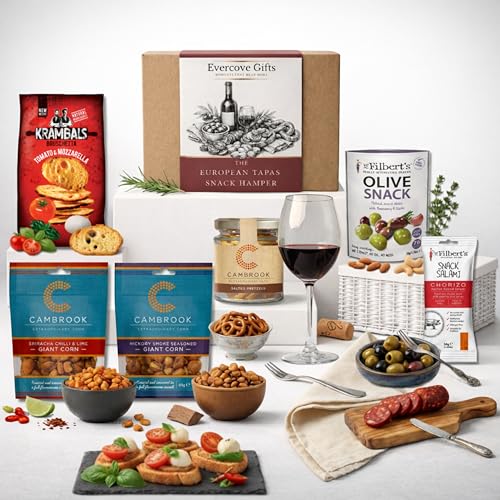 Evercove Gifts Tapas Snack Hamper | Savoury Snacks Hamper for Men & Women | Gourmet Food Gift Box with European Wine Bar Nibbles & Charcuterie | Premium Snack Hampers for Adults | Food Gifts for Men