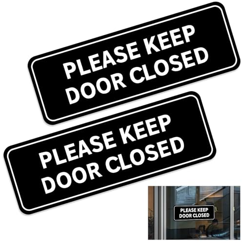 Please Keep Door Closed Sign, 2PCS Self Adhesive Waterproof Weatherproof Door Sign Sticker, 8 x 3 Inch Black PVC Indoor Outdoor Use for House Workplace Store Cafe Restaurant