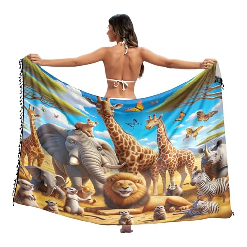 Paréo de bain animal africain girafe tigre paréo à pompons pour l'été plage/piscine, taille L, Animal Africain Girafe Tigre, Taille M