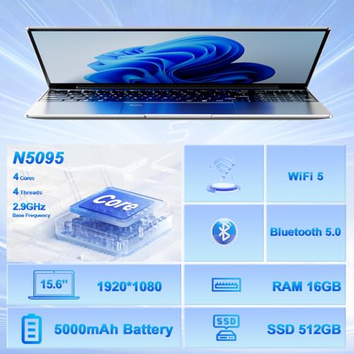 Image of 15.6-inch laptop computer, 16GB RAM, 512 GB SSD, 1080p IPS FHD Display, Backlit Keyboard, Webcam, Mini-HDMI, WiFi 5, Bluetooth, USB, Silver
