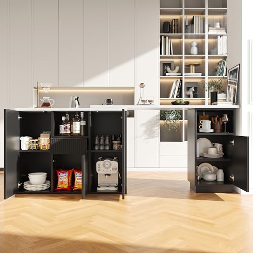 Isla de cocina de rotación 360° negra con elegante encimera de mármol multifunción 7