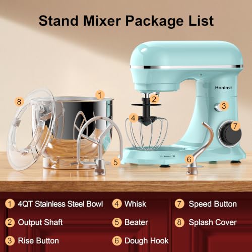 Image of Honinst 4QT Electric Stand Mixer, 10-Speed Tilt-Head Compact Kitchen Mixer | Multiple Stylish Colors | Food mixer with Dough Hook & Beater & Whisk | for Cake & Bread | Dishwasher-Safe | Blue