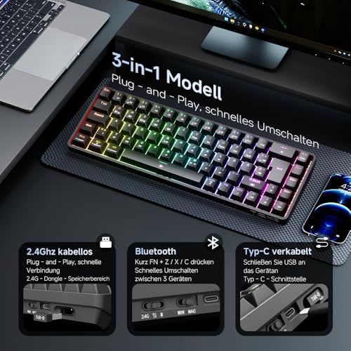 TMKB T68 Gaming Tastatur,60% Kabellos Mechanische RGB Tastatur mit Bluetooth/2.4G/Typ-C,Compact 68 Tasten Anti-Ghosting,Deutsches QWERTZ Layout,Red Linear Switch,Schwarz – Bild 6