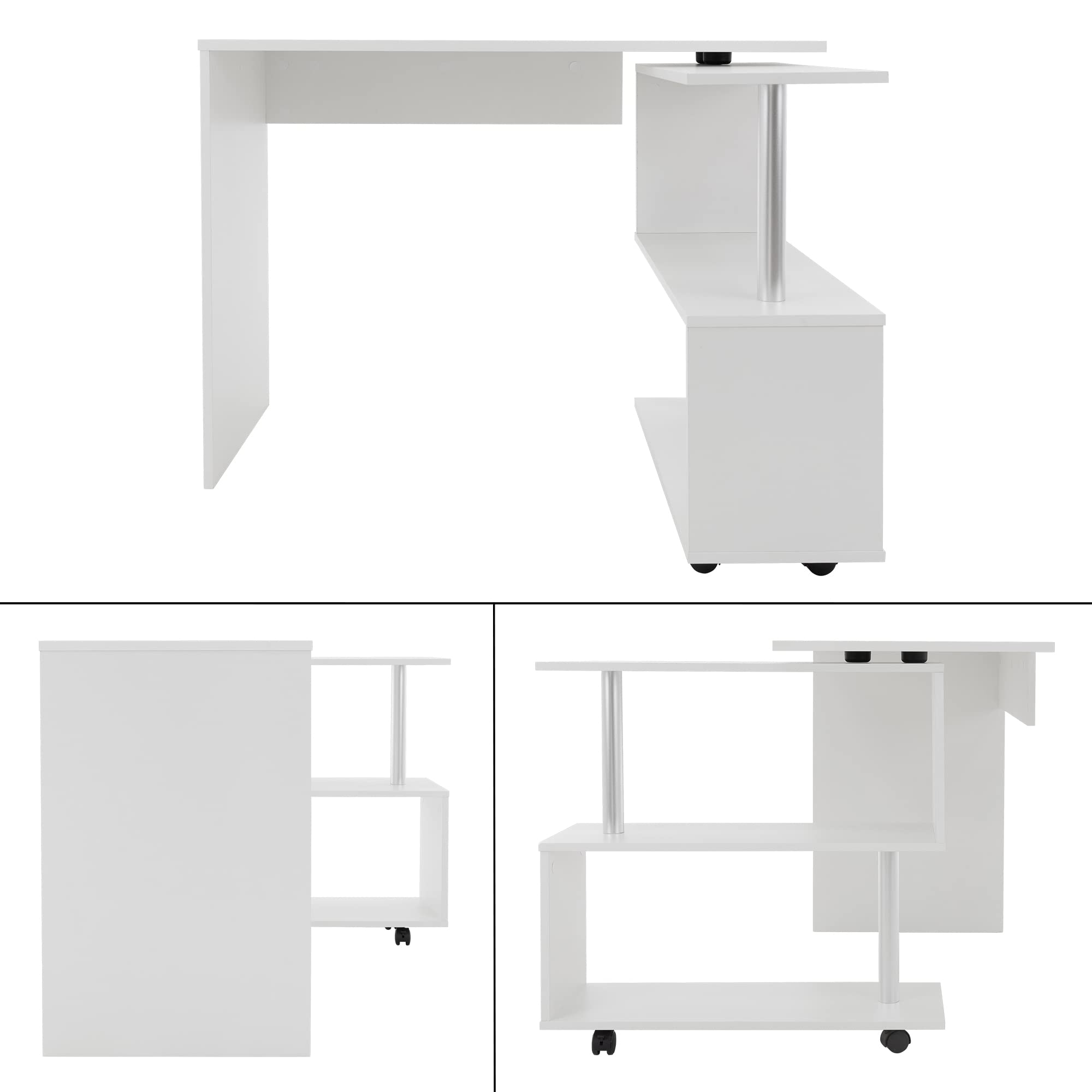 ML-Design Scrivania Angolare per Computer PC 150x88x75 cm Girevole a 90° Forma di L Tavolo ad Angolo con 4 Ruote Mensola a 3 Ripiani per Casa Ufficio Postazione di Lavoro Design Moderno Bianca