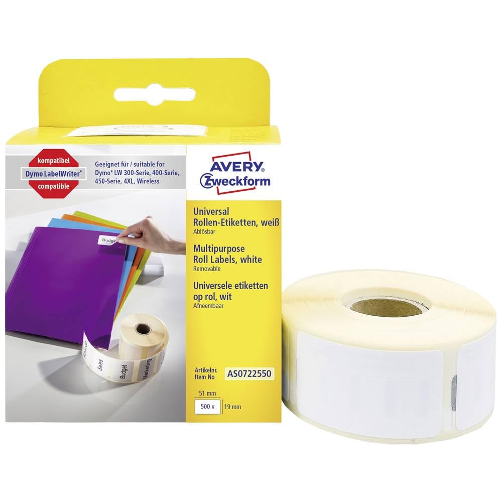 AVERY Zweckform AS0722550 Dymo LabelWriter Etiketten kompatibel zu S0722550 (19x51mm, 1 Rolle|500 ablösbare Aufkleber, selbstklebend, für LW Dymo Etikettendrucker/Beschriftungsgerät/Etikettenband)
