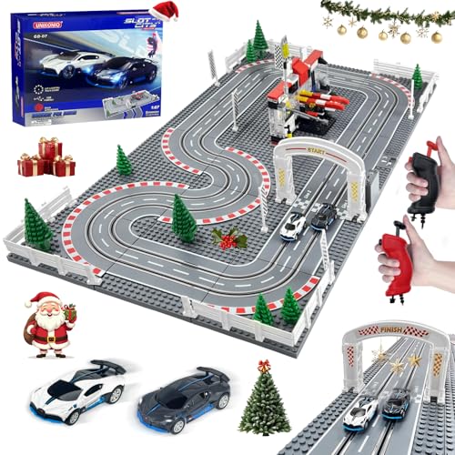 UNIKONIO Slot Cars Rennstrecken-Sets, Autorennbahn Rennbahn mit 2 Controllern 2 Autos, einstellbare Geschwindigkeit, 1:87 Block Building Car Race, Weihnachts Halloween Geschenkautospielzeug - 07