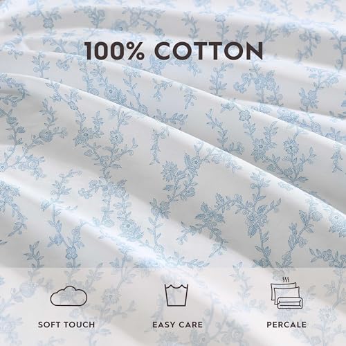 Image of Laura Ashley - Queen Size Sheet Set, Crisp Cotton Percale Bedding with Ruffle Pillowcases, Fully Elastic Deep Pocket Fitted Sheet, Floral Room Decor, Breathable All-Season Comfort (Victoria Blue)