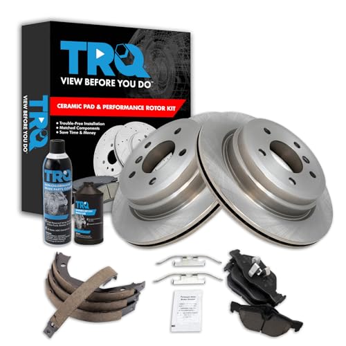 Image of TRQ Rear Brake Pad & Rotor Kit, with Chemical Kit Parking Brake Shoe Set Ceramic Compatible with 2007-2013 BMW 328i 2009-2013 328i xDrive 2007-2008 328xi 2013-2015 X1