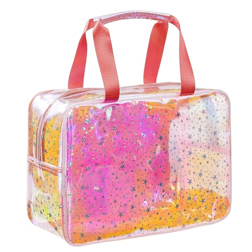 TPU Clear Makeup Bag for Women Waterproof Star Make Up Bag Toiletry Bag Travel Durable Cosmetic Bag Large Cute Tote Bag Organizer Makeup Pouch, Rainbow White