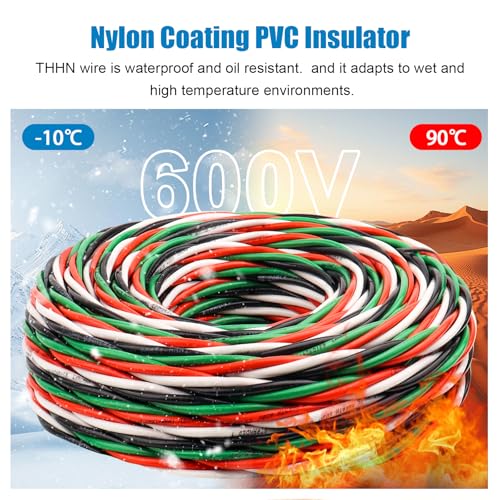Image of THHN Wire 12 Gauge 150 FT 4 Conductors Copper Wire Black Red White Green, 12 /3 AWG Copper Wire with Ground 600V Building Wire Nylon Jacket for Residential, CNC, Ground, Industrial