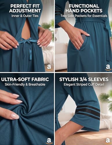 Image of Ekouaer Womens Robe Lightweight 3 /4 Sleeve Soft Knit Bathrobe Sleepwear | Ultra-soft knit fabric, 3 /4 sleeves with striped cuffs, 2 side pockets, a belt, knee-length hem. A top choice for Loungewear.