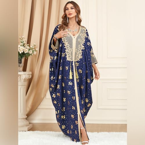 Image of OBEEII Muslim Dress for Women Loose Batwing Sleeved Hooded Beaded Embroidery Long Abaya Dress Kaftan Abayas Islamic Robe