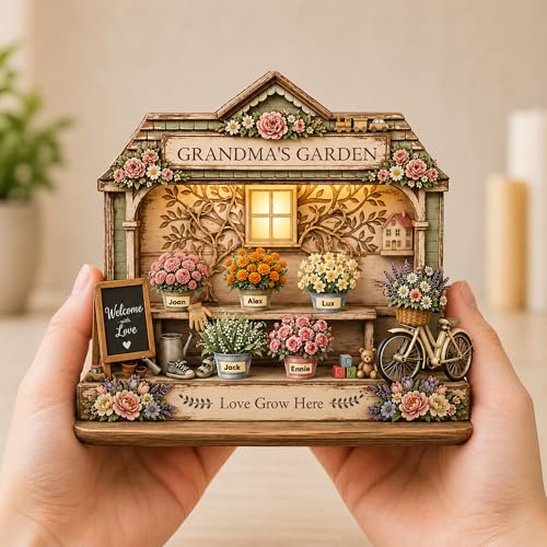 Personalized Grandma’s Garden Wooden Block, Custom Grandkids Names Flower House Sign, Gift for Grandma from Grandchildren, Mother’s Day Gift for Nana, Rustic Home Decor Keepsake