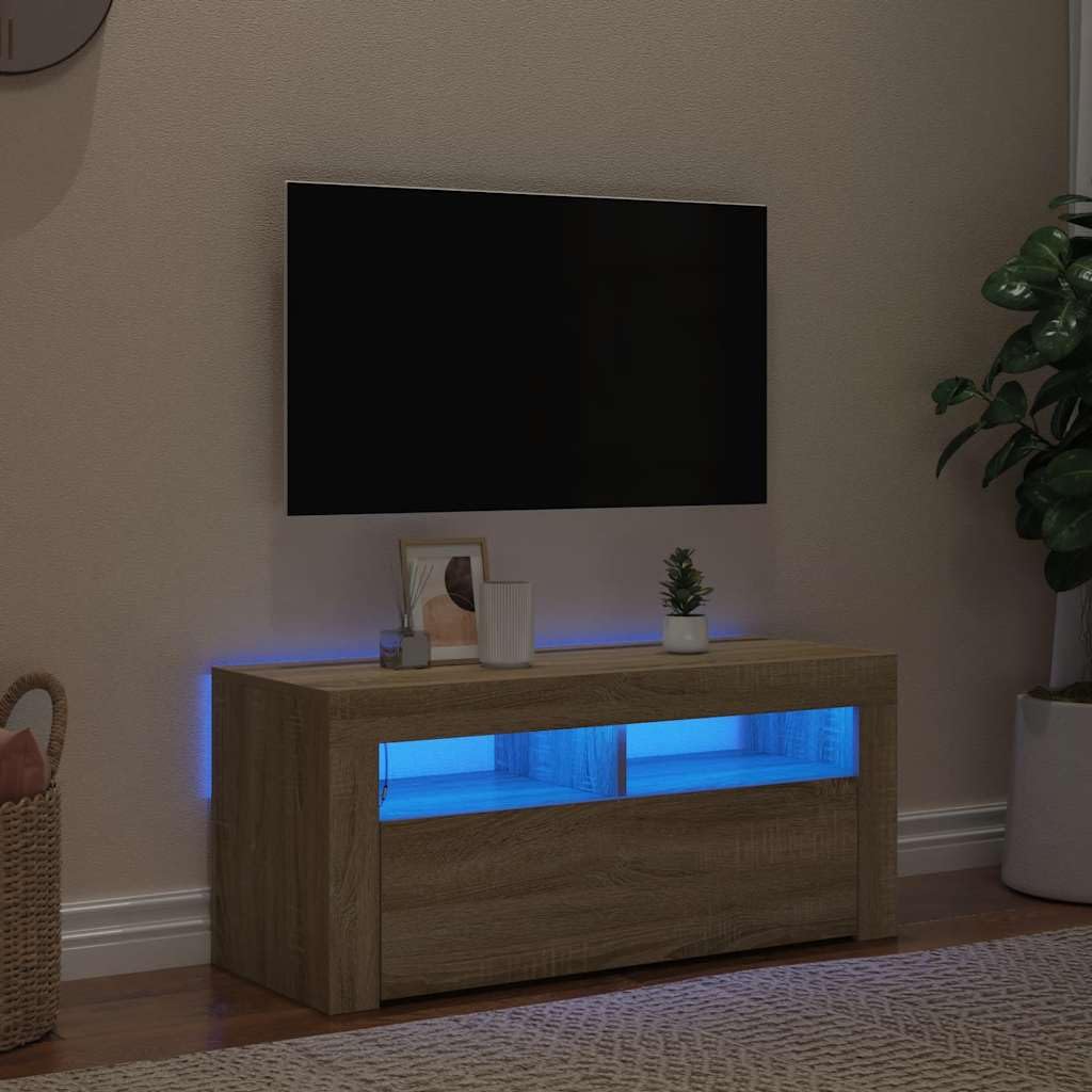 vidaXL Meuble TV avec Lumières LED, Armoire de Télévision, Meuble Télé de Salon, Armoire Basse Salle de Séjour Intérieur, Moderne, Chêne Sonoma