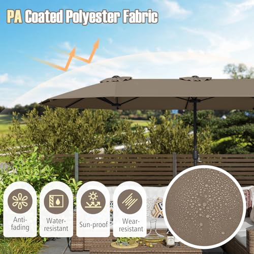 Image of Tangkula 13FT Double-sided Patio Umbrella, Extra Large Twin Table Umbrella with Crank Handle, Umbrella Base, Safety Lock, Air Vent, Outdoor Market Umbrella for Garden Pool Backyard (Tan)