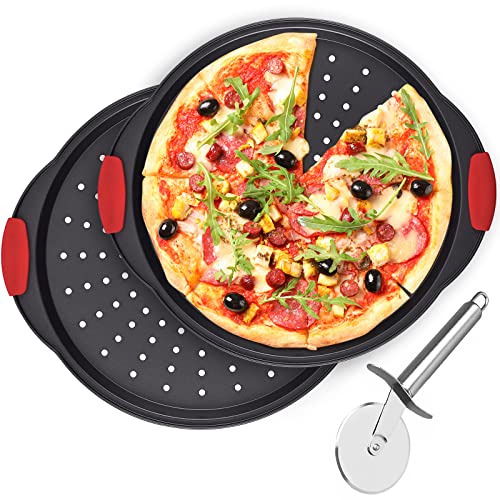 Yenmoz 13 Inch Non-Stick Pizza Pan Oven Tray With Silicone Handle, Carbon Steel Non-Stick Pizza Tray with Perforated Holes, Round Pizza Crisper Baking Pan Pizza Steel for Oven-2 Pack