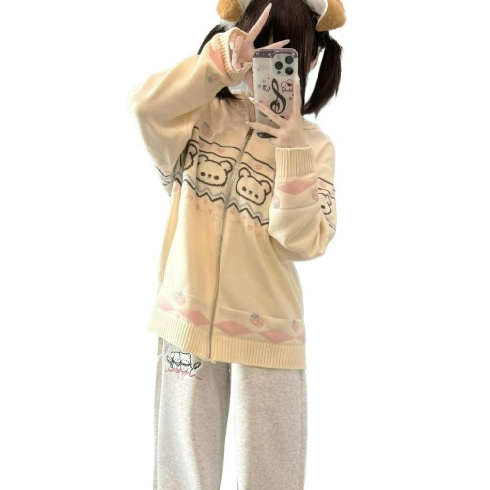Kawaii Lolita Style Knitted Cardigan Women Sweet Cartoon Bear Embroidery Sweater Cute Loose Hooded Coat