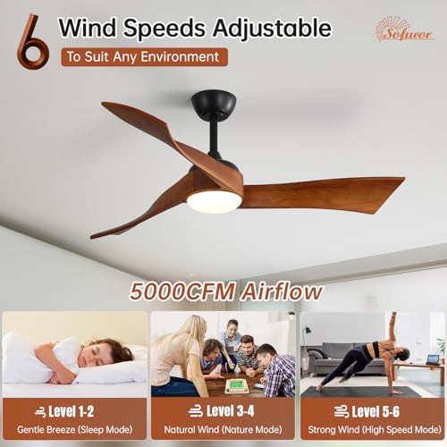 Image of Sofucor 52 Inch Ceiling Fan with Light and Remote, Large 3 Solid Wood Blade