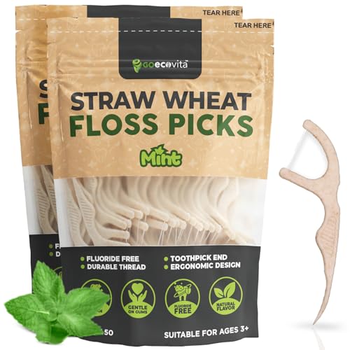 Image of Dental Floss Picks - Straw Wheat Handle Flossers | Thin & Shred-Resistant Thread for Tight Gaps | Flossers for Adults | Gentle on Gums & Teeth | Gluten-Free & Vegan (100 Pack, Mint)