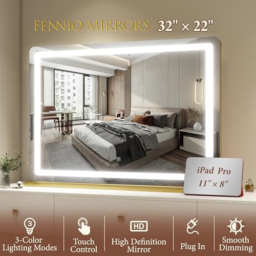 FENNIO Vanity Mirror with Lights 32"x22", Lighted Makeup Mirror, Large Vanity Mirror with Lights, Touch Sensor with 3 Color Lighting,USB Charging Port for Vanity Desk Tabletop(Gold)