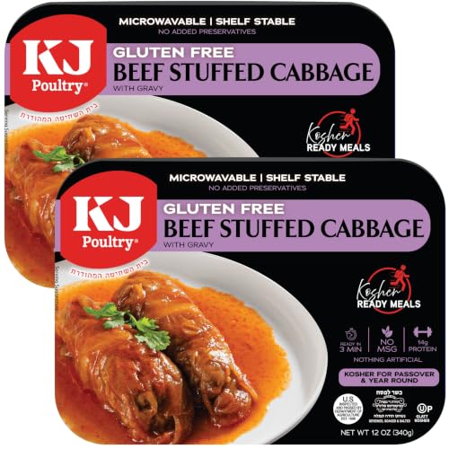 KJ Poultry Kosher for Passover Gluten Free Meals, Beef Stuffed Cabbage Rolls in Gravy (2 Pack) Prepared Entree Fully Cooked, Shelf Stable Microwave Dinner, Travel Military Camping