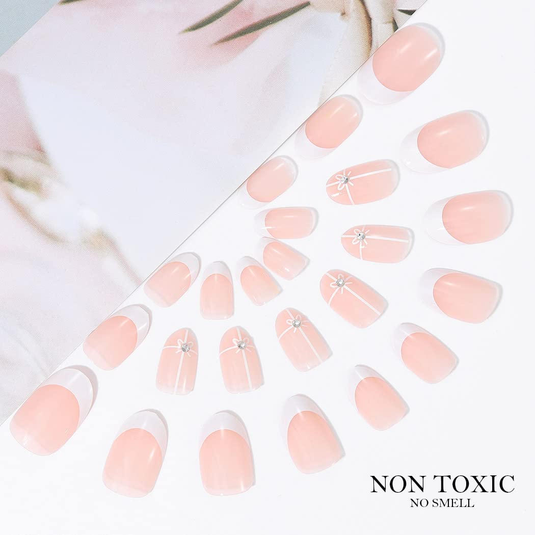 Vatocu Oval Glossy False Nails French Pink Fake Nails Short White Lines Press on Nails Nude Flower Acrylic Stick on Nails for Women and Girls (24pcs) - Image 2