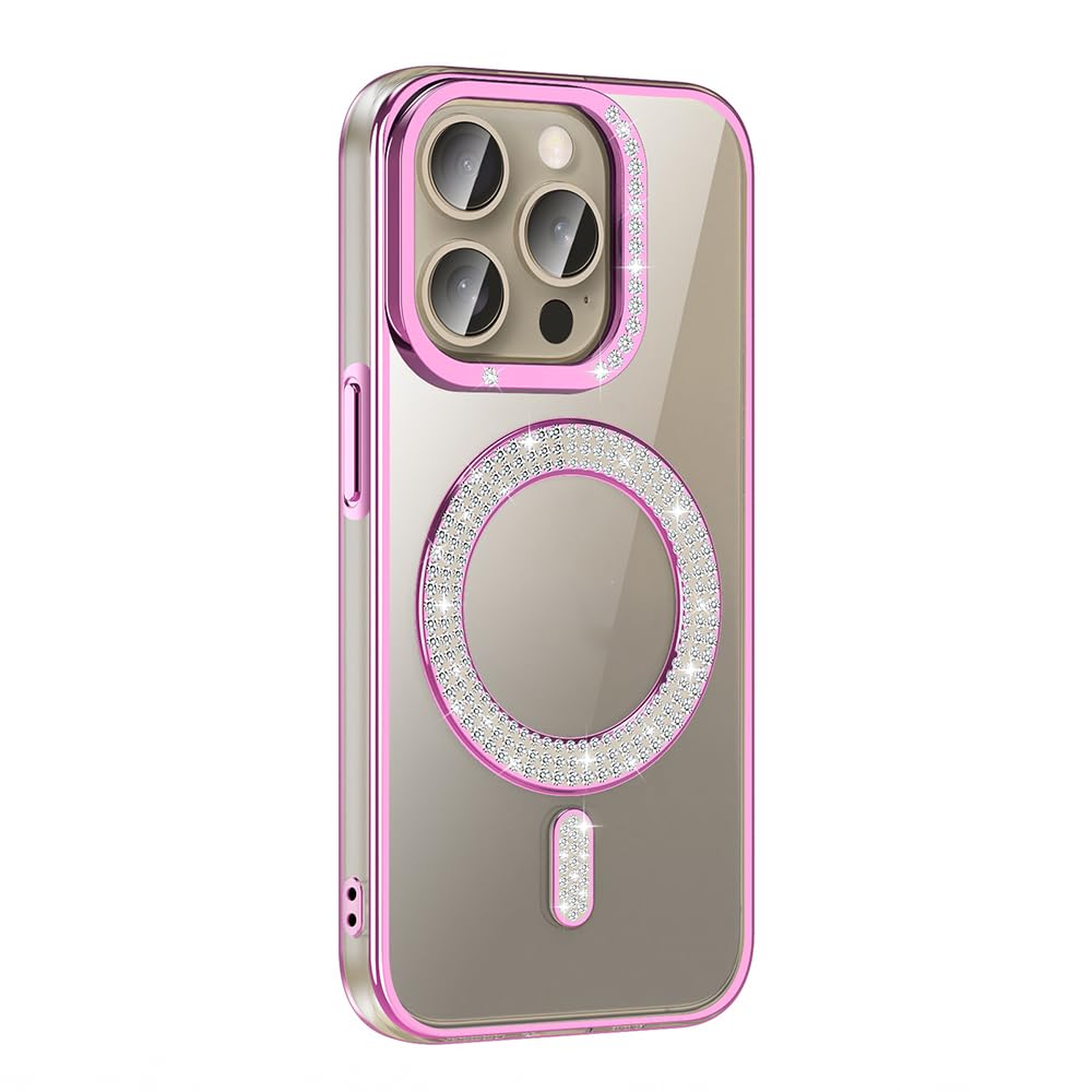 Zore Apple için uyumlu iPhone 15 Pro Max Kılıf Pırlanta Taş Tasarımlı M-safe Şarj Özellikli Zore Karetta Silikon Kapak Rose Gold