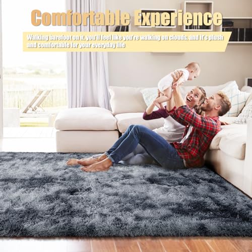 9x12 Fluffy Area Rugs for Living Room,Large Fuzzy Shag Area Rug for Bedroom,Soft Non-Shedding Indoor Plush Carpet for Kids Bedroom Nursery Home Decor,Tie-Dyed Black