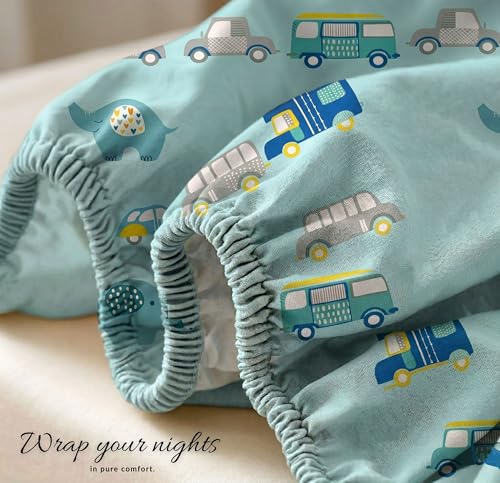 Image of VAS COLLECTIONS Single Bed Fitted Bedsheet 36x72+8 Inches with 1 Pillow Cover | 180 TC Microfiber Elastic Bed Sheet | Soft Breathable Cute Printed Design for Kids & Couples (Kid Bus Print)