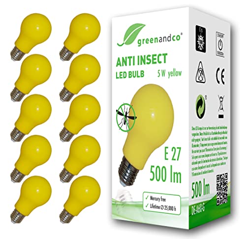greenandco 10x lampadina anti insetti, anti zanzare E27, gialla, 5W, 500lm, lunghezza d'onda 560-580nm, non dimmerabile