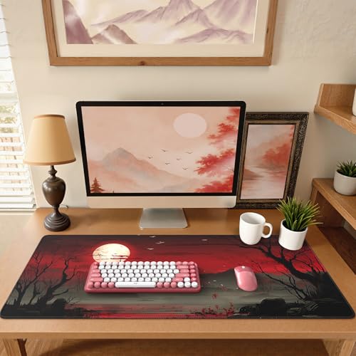 Image of iCasso Desk Protector Mat, Large Japanese Mouse Pad, Stable Rubber Base Mousepad with Stitched Edges, Keyboard Mouse Mat Desk Pad for Work, Game, Office, Home(Full Moon)