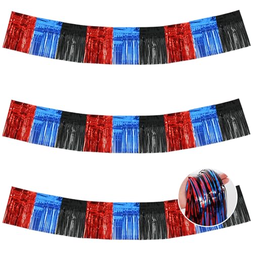Image of BEISHIDA 3 Packs Metallic Foil Fringe Garland Red Blue Black Wall Hanging Tinsel Fringe Banners for Car Floats Bridal Shower Wedding Birthday Graduation Holiday Party Decoration(30 Feet)