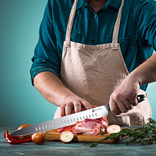 Image of TUO Slicing Knife - 12 inch Slicing Carving Meat Cutting Knife - Bread Knife - German HC Steel - Full Tang Pakkawood Handle - BLACK HAWK SERIES with Gift Box