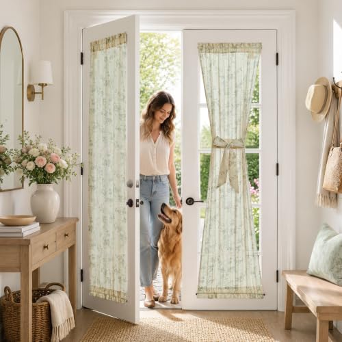 Image of jinchan Green Linen Floral French Door Curtains 72 Inch Rod Pocket 2 Panels | Light filtering, tiebacks included, cottage farmhouse, privacy full length door panels, patio door, sliding glass door