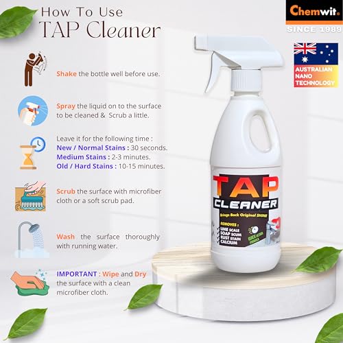 Image of Chemwit - Tap Cleaner for Bathroom Hard Water (500mL) - Australian Tap Cleaning Liquid Spray - Rust & Limescale Remover for Faucets, Shower Glass, Bathroom Fittings with Scale Corrosion Protection.