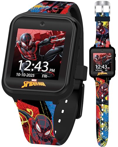 Spider-Man Kids LED Smartwatch with 10 Watch Faces, Flashing LED Bezel, Step Counter, Selfie and Video Camera, Timer, Stopwatch, Alarm, Calculator, Fun Games, and 3 Wallpapers – Fits Wrists 5.5'-8.0'
