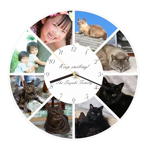 時計 壁掛け 掛け時計 写真 オーダーメイド アクリル時計 名入れ対応 静音 SEIKO-SKP セイコー スイープ式 クォーツ式 非電波時計 大きめ 文字入れ 箱入り 両親 プレゼント ペット 新築祝い 家族写真 赤ちゃん 記念品 (8枚用, 直径27.