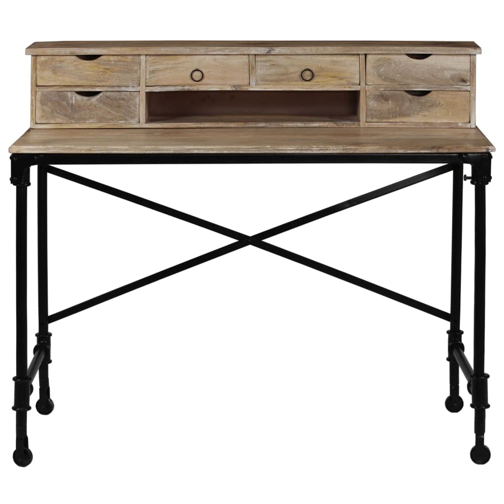 Scrivania in legno di mango massiccio con telaio in acciaio, 110 x 50 x 96 cm, 6 cassetti e ripiano, scrivania da ufficio per studio, laptop, PC, giochi e organizer