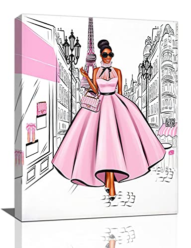 Black Girl Pink Canvas Wall Art African American Painting Wall Decor Fashion Women In Paris Eiffel Tower Pictures Modern Framed Prints Artwork For Girls Room Bathroom Bedroom 12"X16" #TOP2