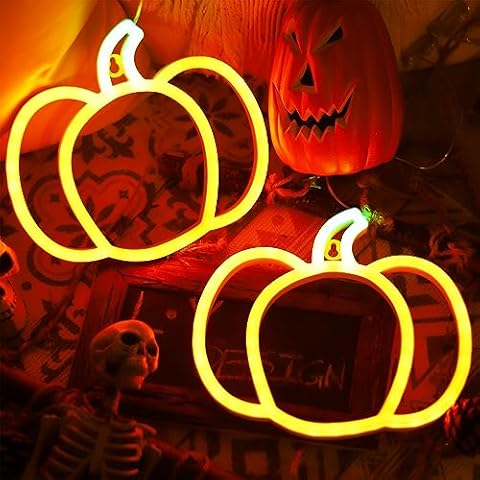 YAOZHOU Halloween Decorations Pumpkin Neon Sign Lights, 2Pack Cute Orange and Green Thanksgiving Lights for Home,Indoor Battery Operated or USB, Fall Decor for Room, Wall, Kitchen, Mental, Bedroom Cover