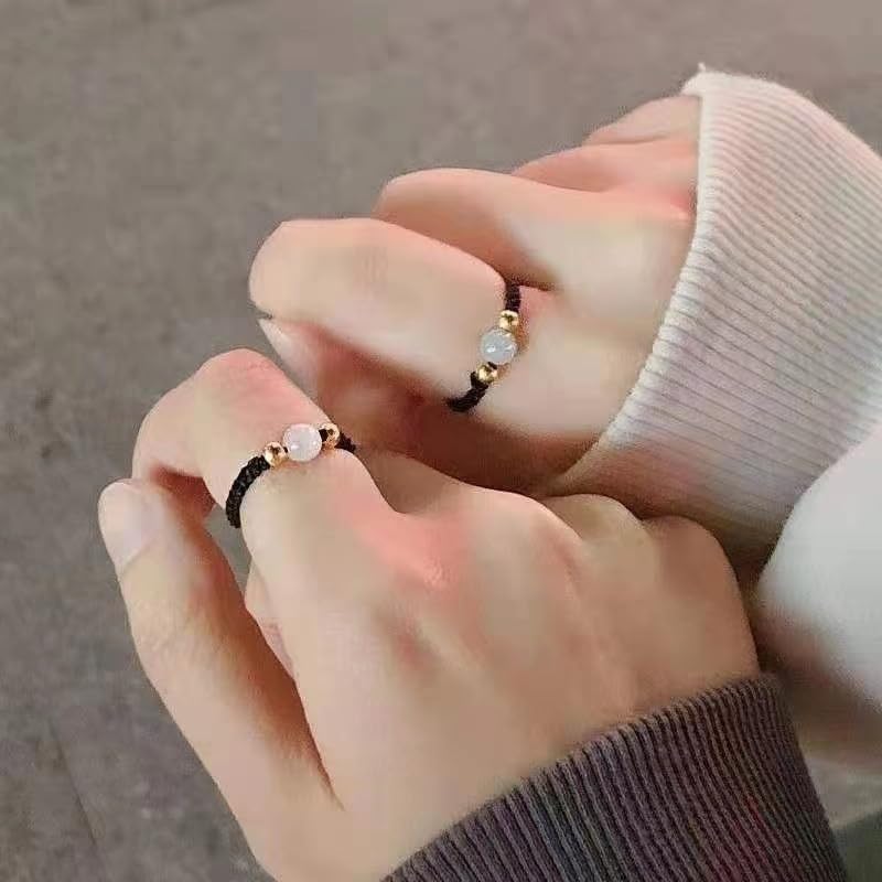 Couples Rings for Best Friend Adjustable Size Cute Wedding Promise Love Ring Jewelry Knit Jade Bead Ring Friendship Band for Women (Red)2