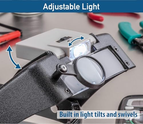 SE Illuminated Dual Lens Flip-in Head Magnifier, Head Magnifier, Tools for Repair & Precision Work, Adjustable Headlamp, 4.5X Loupe Magnifying, Black