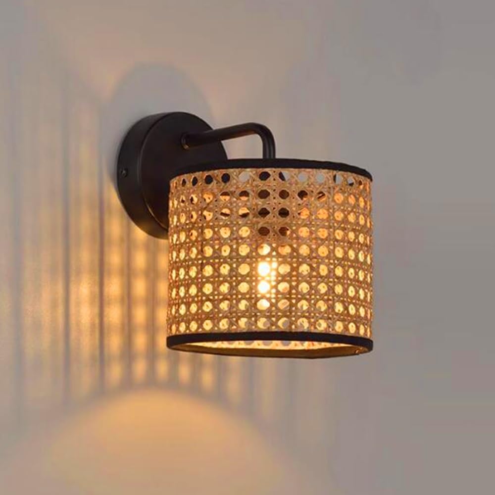 Lfoute Bamboo Wall Light Indoor E27 Wall Lamp Rattan Lampshade Vintage Wall Lighting For Bedroom Living Room Dining Room Restaurant Hallway Staircase Interior Lighting