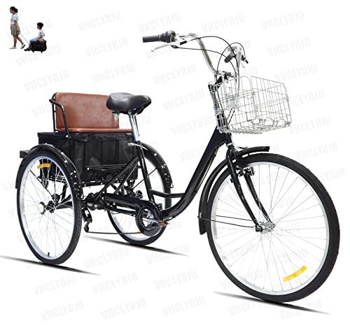 Triciclo para adultos de 24 pulgadas para damas, bicicleta de 7 velocidades, bicicleta de 3 ruedas con canasta en el asiento trasero, carga máxima de 300 libras, regalo de triciclo para padres (blan