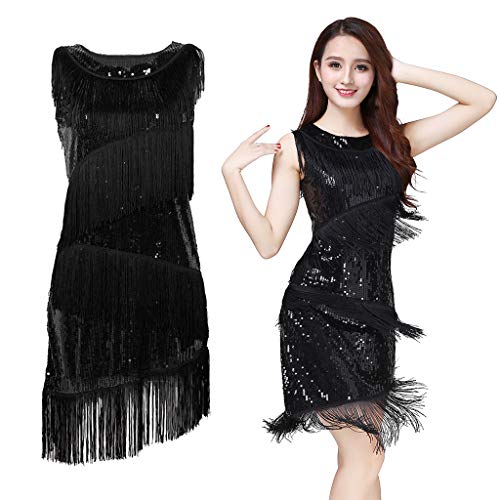 oshhni Vestido de dança latina com franjas dos anos 20, Preto, M