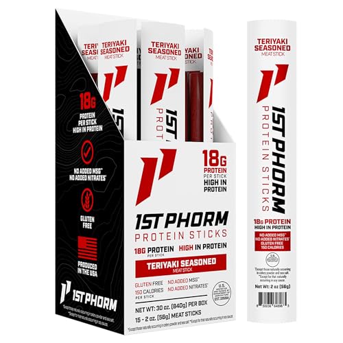 1st Phorm Meat Sticks, Teriyaki Seasoned Protein Snacks, 18g Protein Per Serving, Pork & Beef Sticks, Healthy Snacks On The Go, Gluten Free, Low Carb, Low Sugar, No Added MSG or Nitrates, 15 Count