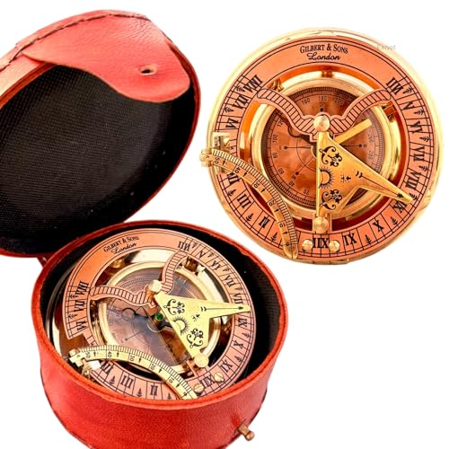 EXNOT Antiker Messing-Sonnenuhr-Kompass mit Kupfer-Zifferblatt im Lederetui, Steampunk, Vintage-Kompass, Kupfer-Sonnenuhr in Box, Geschenke für Jahrestag und besondere Anlässe