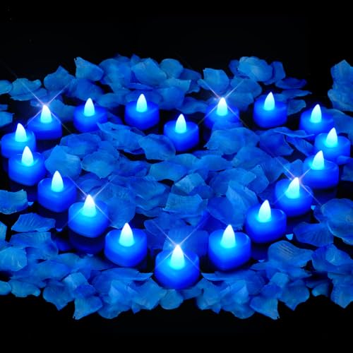 Image of Amagic 2000 Pieces Blue Artificial Rose Petals with 24 Blue Heart LED Tea Lights, Rose Petals and Candles Set for Proposal, Anniversary, Romantic Night, Wedding Decor