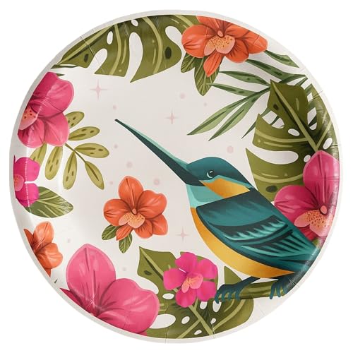 Image of Potluck Floral Humming Disposable Paper Plates, 9 Inch Food Grade Tableware for Parties, Events, Snacks & Meal Serving Pack